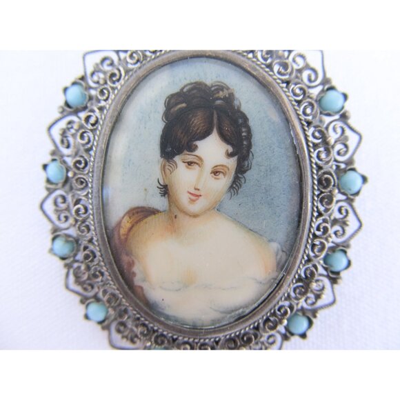 Antique miniature watercolour portrait brooch in 800 silver frame - Picture 4 of 10
